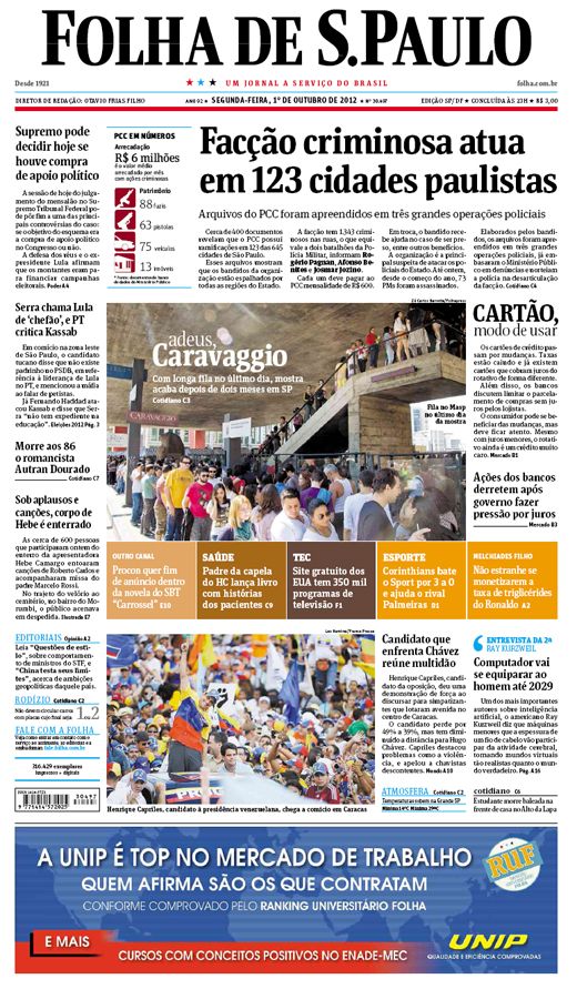 Capa Folha de S.Paulo - Edição São Paulo