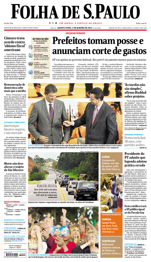 Capa Folha de S.Paulo - Edição São Paulo