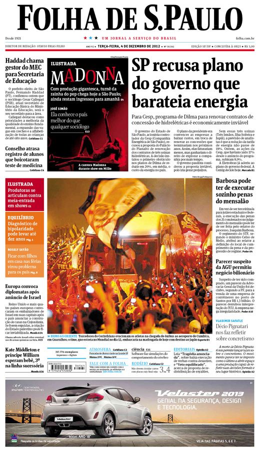 Capa Folha de S.Paulo - Edição São Paulo