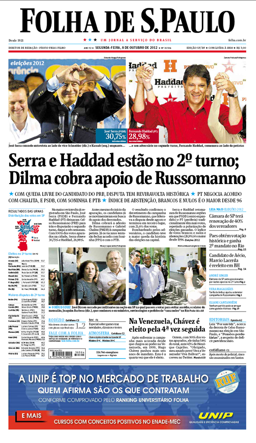 Capa Folha de S.Paulo - Edição São Paulo