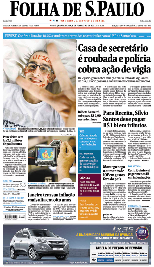 Capa Folha de S.Paulo - Edição São Paulo