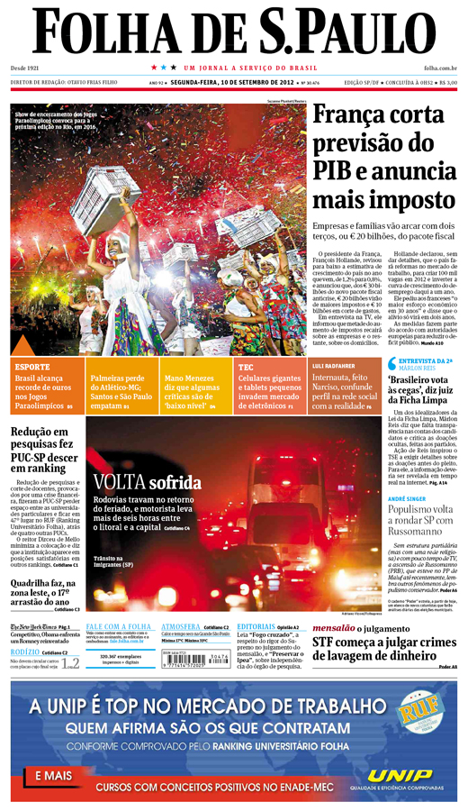 Capa Folha de S.Paulo - Edição São Paulo