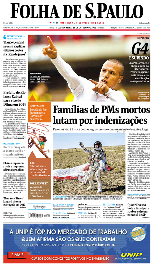 Capa Folha de S.Paulo - Edição São Paulo