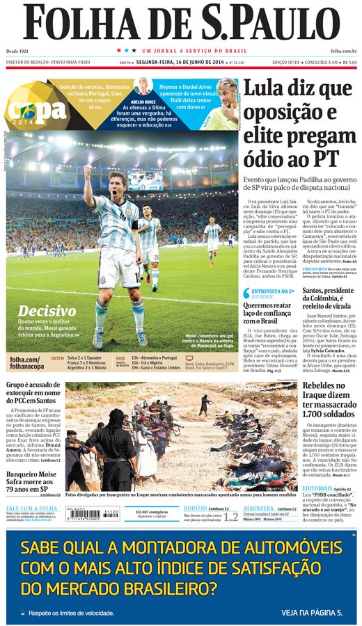 Capa Folha de S.Paulo - Edição São Paulo