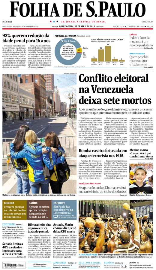 Capa Folha de S.Paulo - Edição São Paulo