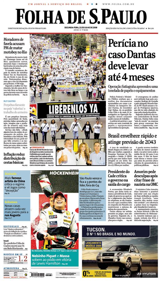 Capa Folha de S.Paulo - Edição São Paulo