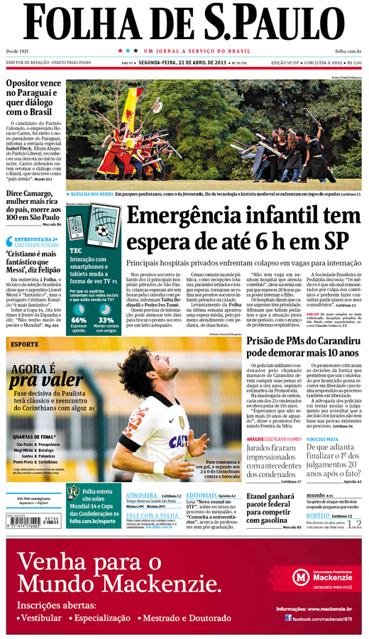 Capa Folha de S.Paulo - Edição São Paulo