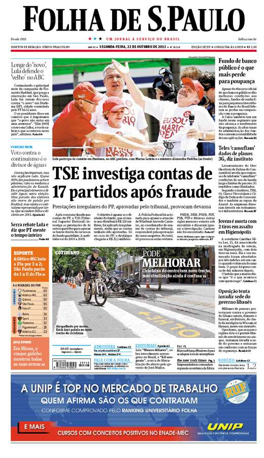 Capa Folha de S.Paulo - Edição São Paulo