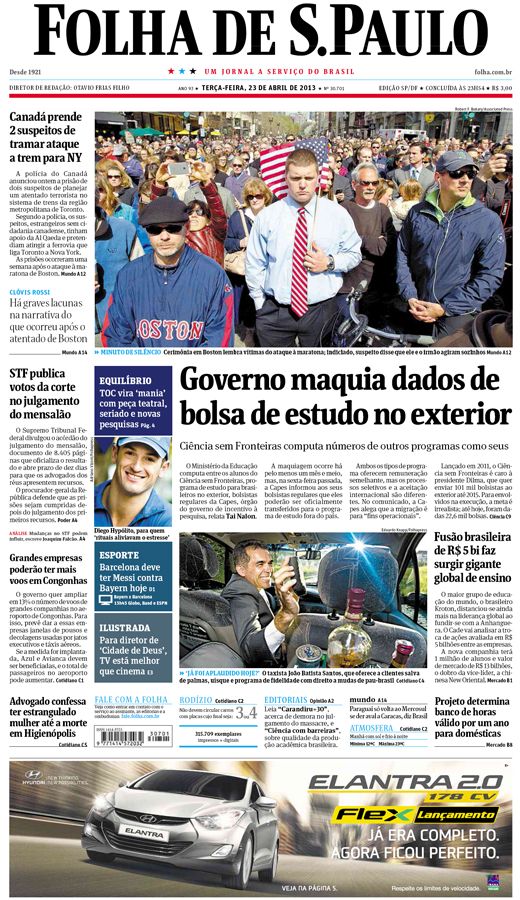 Capa Folha de S.Paulo - Edição São Paulo