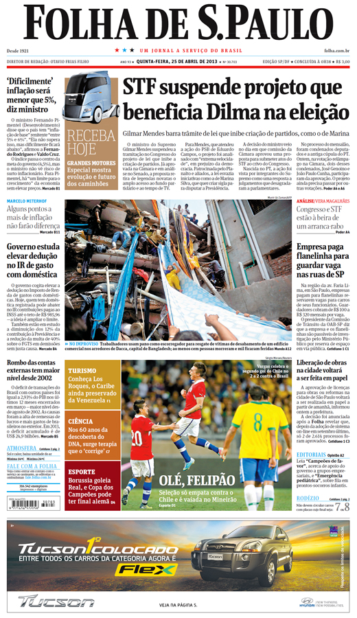 Capa Folha de S.Paulo - Edição São Paulo